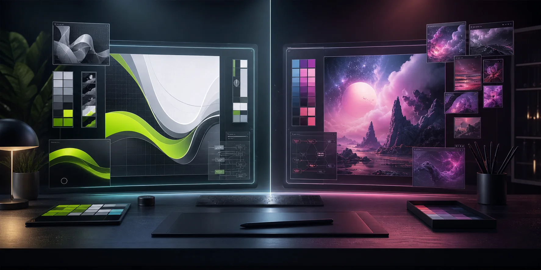 Two AI design workflows shown as luminous creative canvases on a studio desk.