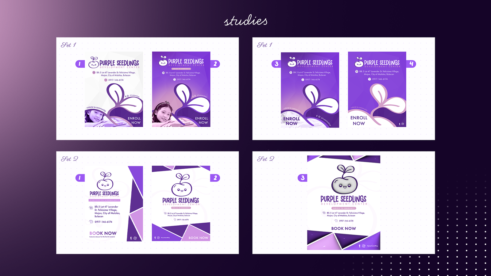 Purple Seedlings design studies and campaign layout options
