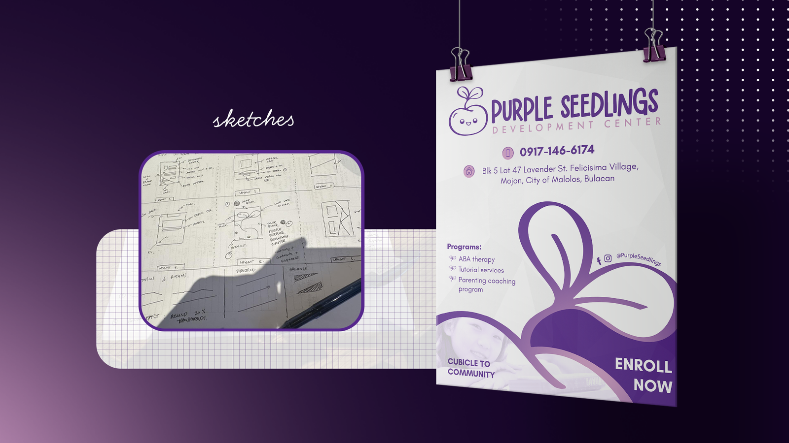 Purple Seedlings sketches beside final poster direction